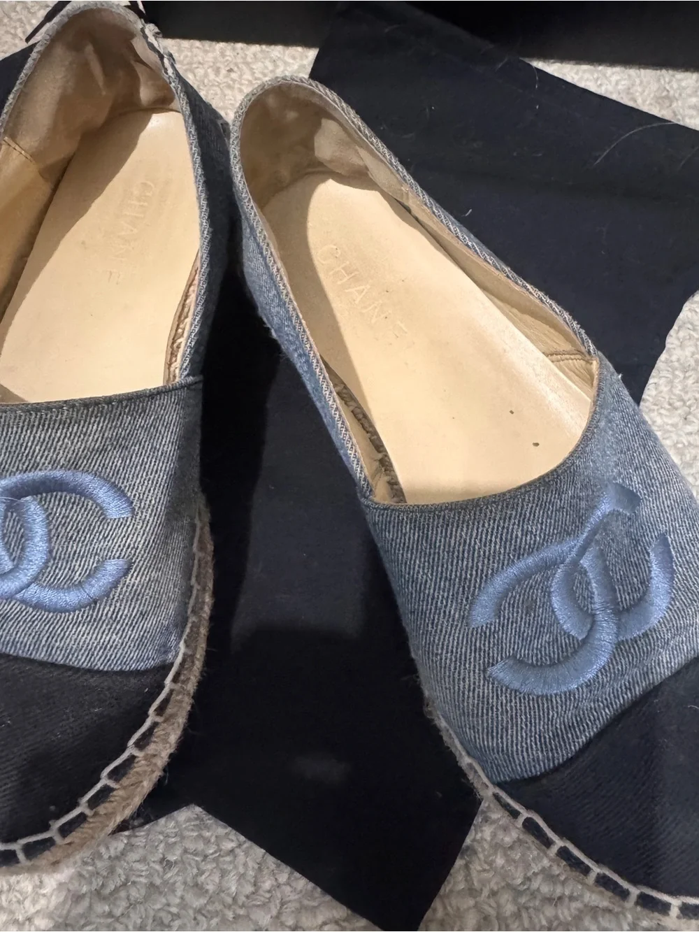 CHANEL Denim Espadrille Flats with Black Cap Toe and Blue CC Logo